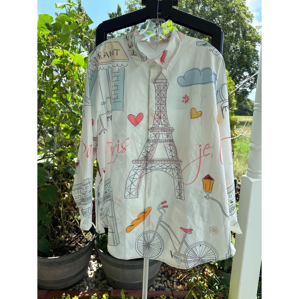 Paris Novelty Print Button Down Shirt Eiffel Tower White 3XL Women Long‎ Sleeve